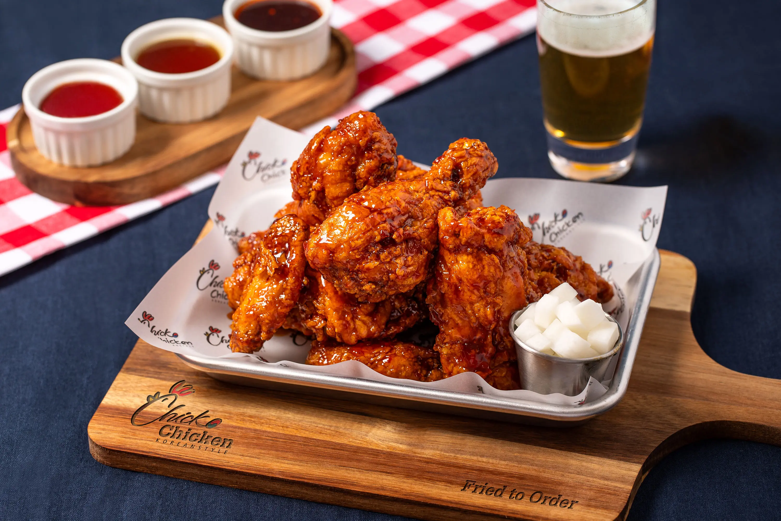 Yangyeom boneless fried chicken coated in a glossy sweet-spicy sauce